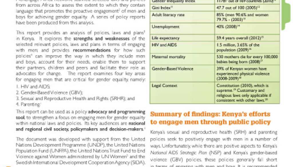 Policy Report Kenya: Engaging Men In HIV And GBV Prevention, SRHR Promotion And Parenting