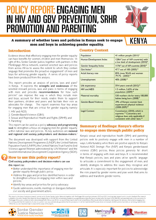 Policy Report Kenya: Engaging Men In HIV And GBV Prevention, SRHR Promotion And Parenting
