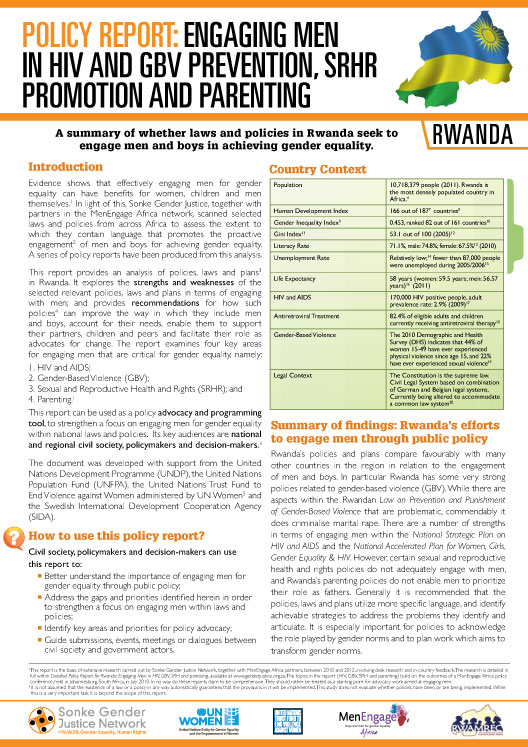 Policy Report Rwanda: Engaging Men In HIV And GBV Prevention, SRHR Promotion And Parenting