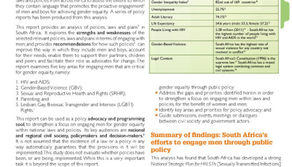 Policy Report: Engaging Men In HIV And GBV Prevention, SRHR Promotion And Parenting