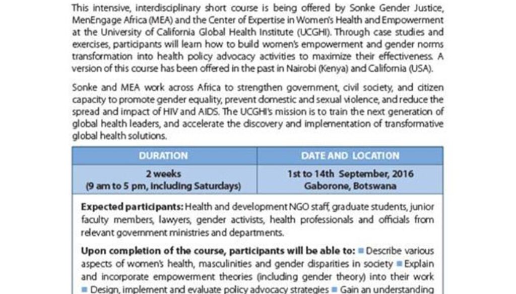 Women’s Health, Masculinities & Empowerment Training 2016 – What is it about?